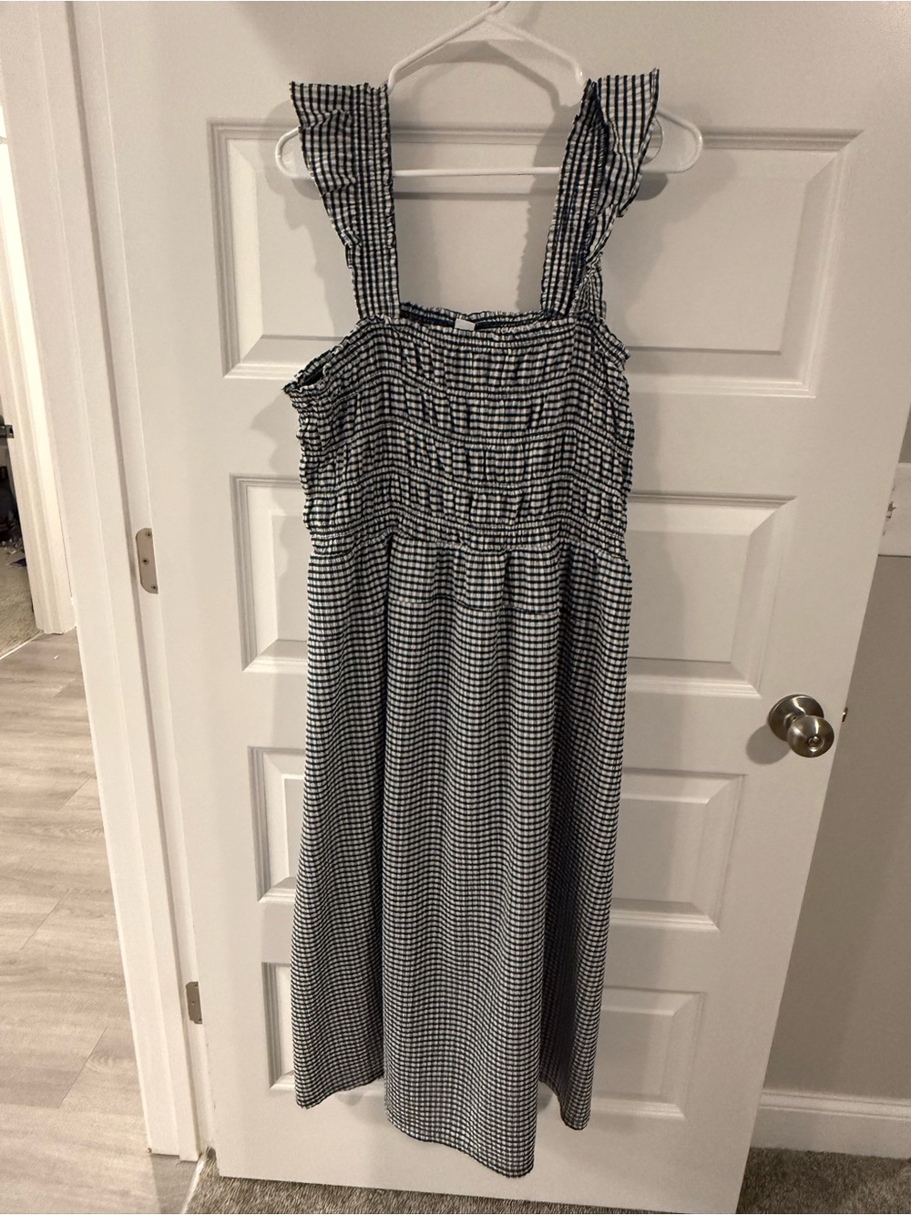 Old Navy Black and White Gingham Smocked Midi Dress with Ruffled Straps